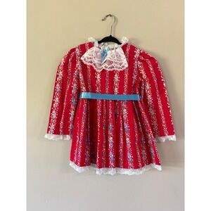 Vintage Nanas Pet JC Penney Girls Red Blue Floral Lace Collar Dress Size 3T